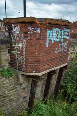 Rear view of former gentlemen's toilets which overhang above the River Don, junction of Neepsend Lane and Rutland Road