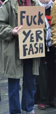 Banner reading 'Fuck Yer Fash' at the demonstration against Racism and in support of refugees, Tudor Square