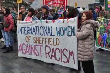 Banner of the International Women of Sheffield Against Racism at the demonstration against Racism and in support of refugees, Tudor Square