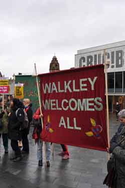 Banner at the demonstration against Racism and in support of refugees, Tudor Square showing (back) Crucible Theatre