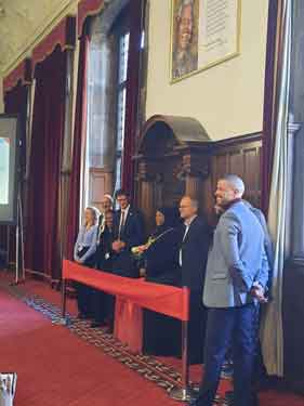 Rededicating the Nelson Mandela room, Town Hall showing (centre) Council Leader, Councillor Tom Hunt and Lord Mayor, Councillor Safiya Saeed