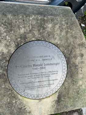 Plaque on memorial to Sir Ron Ironmonger, former Leader of Sheffield City Council and South Yorksire County Council, Park Square