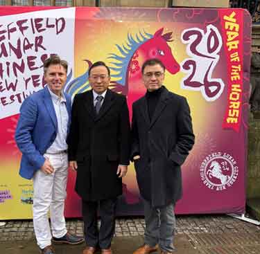 The Chinese Consul General from the Manchester Consulate, Tang Rui, (centre) with Nik Hamilton, International Lead, Economy, Skills and Culture - City Futures, Sheffield City Council (left) at Sheffield's Chinese Lunar New Year celebrations
