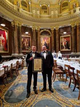 Richard Flynn and Andrew Saunders of Sheffield City Council’s Repairs and Maintenance Service (RMS) with the Master’s Award at the Worshipful Company of Constructors Livery and Awards event in London