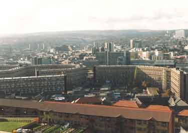 View from Hyde Park Flats of Park Hill Flats and city centre showing (centre) Sheffield City Polytechnic
