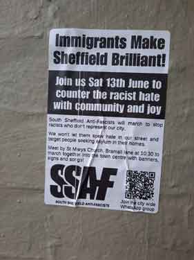 Poster in a Sheffield underpass: Immigrants make Sheffield brilliant!, produced by South Sheffield Anti-Fascists