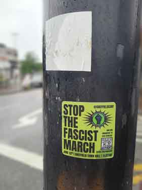 Sticker on a Sheffield lamppost: Stop the fascist march
