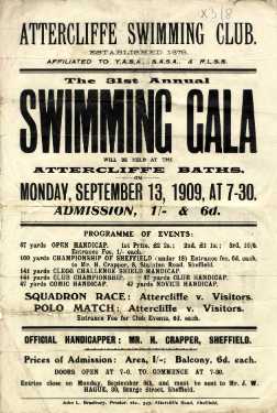 Advertisement poster for Attercliffe Swimming Club 31st Annual Swimming Gala at Attercliffe Baths
