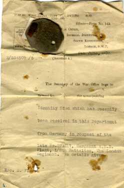Letter and identity disc of Sergeant Arthur E. B. Plant of the Post Office Rifles