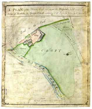A plan of the House, Croft, etc. near the Hospitals held under the Duke of Norfolk by George Crook, containing in all 3a [acres], 3r [rods], 3p [perches]