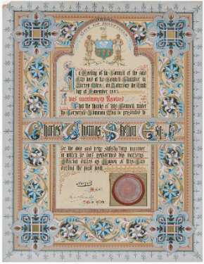 Illuminated certificate of thanks from Sheffield City Council to Charles Thomas Skelton (1833 - 1913), former Mayor
