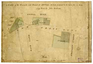 A plan of tenements and grounds at Spital Hill proposed to be taken for a term of 99 years by John Andrews [on Tom Cross Lane (modern Brunswick Road) at the top of Stanley Lane], [1795]