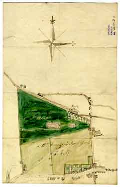 Plan of the Pond Yards with perspective drawings of mill, church, Prior Gate and houses on Potter Street, Worksop [Nottinghamshire], [late 18th cent]