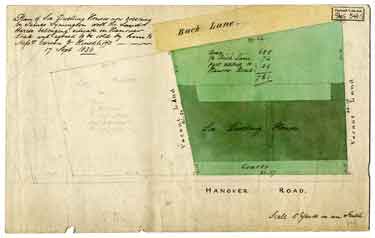 Plan of six dwelling houses now erecting by James Symington with the land thereto belonging situate in Hanover Road and agreed to be sold by him to Messrs Carson and Hinchliffe