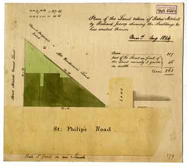 Plan of the land taken of Robert Mitchell by Richard Jessop [in St Philip's Road], showing the buildings he has erected thereon