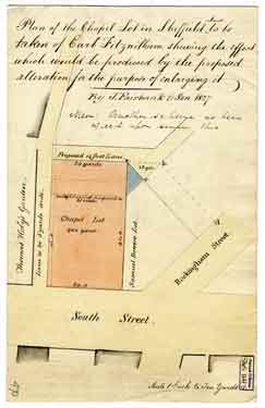 Plan of the chapel lot in Sheffield about to be taken of Earl Fitzwilliam, showing the effect which would be produced by the proposed alteration for the purpose of enlarging it