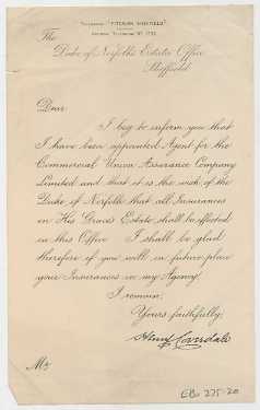 Letter from Henry Coverdale at the Duke of Norfolk's estate office regarding insurance on Duke of Norfolk's estate
