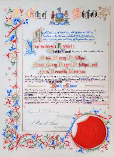 Illuminated certificate of thanks for the gift of upwards of 75 acres of Loxley Common and Wadsley Common (to be known as Loxley Chase)