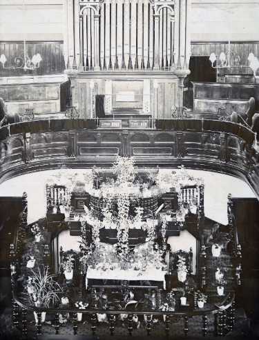 Interior of Woodhouse Wesleyan Church decorated for the marriage of Mr and Mrs James Hardcastle, 14 Jul 1903