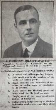 Election manifesto for Joseph Gurney Braithwaite (1895-1958), prospective Conservative Party candidate for Hillsborough