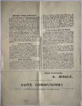 Back cover of election leaflet of A. Hague, Communist Party for St Philips Ward in the Municipal Elections