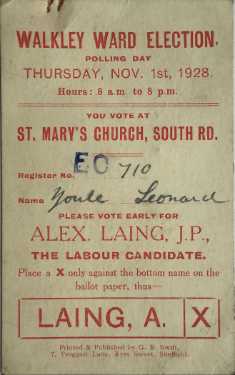 Electioneering 'polling card' for Leonard Youle, Walkley Ward, Municipal Elections - vote for Alex Laing