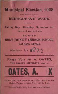 Electioneering 'polling cardp, Burngreave Ward, Municipal Elections  - please vote for A. Oates, the Labour Candidate