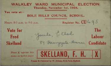 Electioneering 'polling card' for Ethel Youle, Walkley Ward, Municipal Elections - place an x against this name on the ballot paper, F. H. Skelland