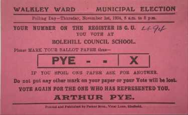 Back of polling card, Walkley Ward, Municipal Elections - vote again for the one who has represented you - Arthur Pye