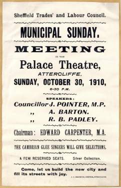 Flier for a meeting of Sheffield Trades and Labour Council at the Palace Theatre, Attercliffe on Municipal Sunday