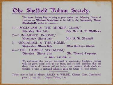 Flier for a lecture by Edward Carpenter on The Larger Socialism for Sheffield Fabian Society, 31 Mar [possibly 1910]