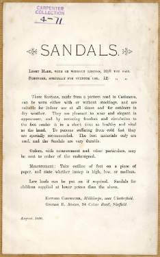 Advertisement for sandals, made by Edward Carpenter, Millthorpe, near Chesterfield, Derbyshire