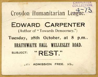 Flier for Croydon Humanitarian League lecture by Edward Carpenter on 'Rest', Tuesday 28th October [?1913]