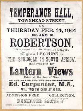 Flier for a lecture by Jonathan M Robertson on 'The Struggle in South Africa', with Edward Carpenter taking the chair