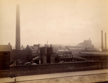 Sheffield Smelting Company Limited, Royds Mill, Windsor Street, view of the works from the railway, c. 1888