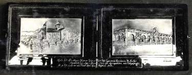 Folding plaque containing scenes in relief of a Greek church and school, made by Walker and Hall