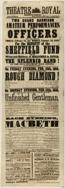 Theatre Royal playbill: Grand Garrison amateur performances ... for the benefit of the Sheffield Fund for the wives and children of soldiers in India, etc., 15 Feb 1858