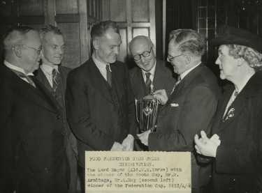 Food Production Show prize distribution showing (2nd right)  Alderman William Ernest Yorke with (4th left) Mr R. Armitage, winner of the Boots Cup and (2nd left) Mr A. May, winner of the Federation Cup
