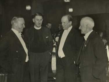 Group at the Abbeydale Dinner showing (2nd left) Rev. Kenneth Fox, (2nd right) Sir Geoffrey Ellis [Sir Robert Geoffrey Ellis (1874-1956), MP for Ecclesall, and (1st right) Mr H. Tuck