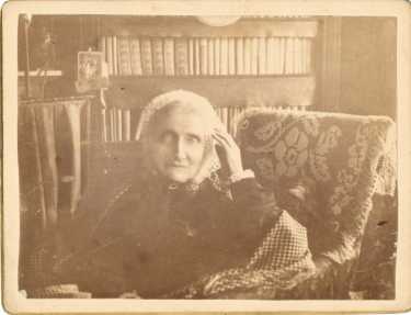 Mary Anne Rawson (nee Read) (1801-1887) pictured in her library at Wincobank Hall, c. 1886