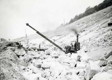 Crane at the Broomhead reservoir during the construction of the Ewden Valley reservoirs
