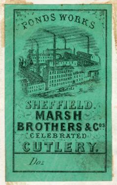 Label for celebrated cutlery, Marsh Brothers and Co. [Ltd., steel manufacturers], Ponds Works, [Shude Lane], Sheffield, c.1877