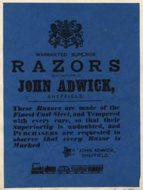 Label for warranted superior razors, John Adwick, [Ponds Works, Shude Lane, Sheffield]