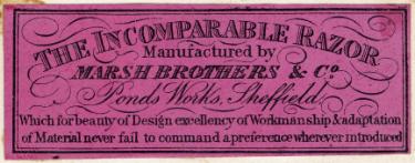 Label for the incomparable razor, Marsh Brothers and Co. [Ltd., steel manufacturers], Ponds Works, [Shude Lane], Sheffield, c.1877