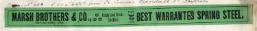 Label for best warranted spring steel, Marsh Brothers and Co. [Ltd., steel manufacturers], Ponds Steel Works, [Shude Lane], Sheffield, c.1900
