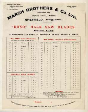 Price list for Roxo hack saw blades, Marsh Brothers and Co. Ltd., [steel manufacturers], Ponds Steel Works, [Shude Lane], Sheffield