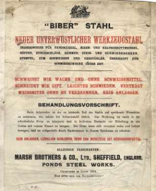 Braodsheet (in German) for Biber steel - new, indestructible tool steel - sole manufactuer: Marsh Brothers and Co. Ltd., [steel manufacturers], Ponds Steel Works, [Shude Lane], Sheffield