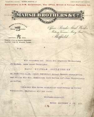 Letter (in German), Marsh Brothers and Co. Ltd., [steel manufacturers], Ponds Steel Works, [Shude Lane], Sheffield