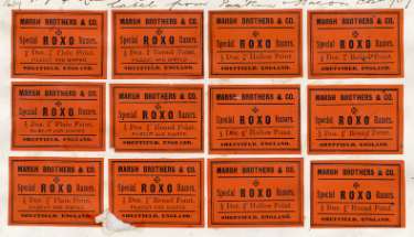 Labels for special Roxo razors, Marsh Brothers and Co. [Ltd., steel manufacturers, Ponds Works, Shude Lane], Sheffield, c.1904