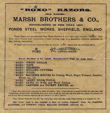 Label for Roxo razors, Marsh Brothers and Co. [Ltd., steel manufacturers], Ponds Steel Works, [Shude Lane], Sheffield, c.1905